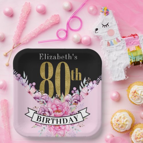 Pretty Pink Floral Gold 80th Birthday Paper Plates