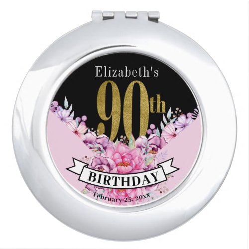 Pretty Pink Floral Gold 90th Birthday  Compact Mirror
