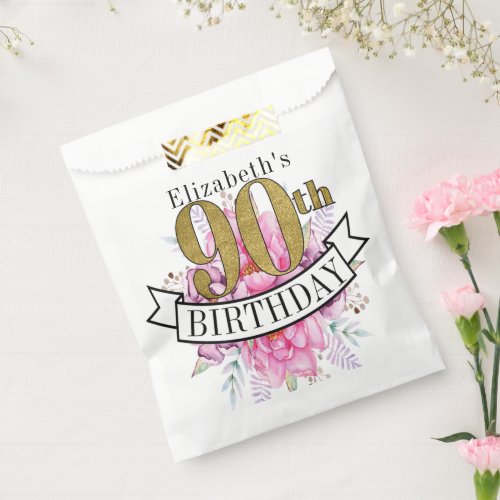 Pretty Pink Floral Gold 90th Birthday Favor Bag