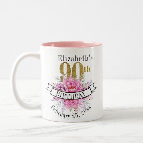 Pretty Pink Floral Gold 90th Birthday   Two_Tone Coffee Mug