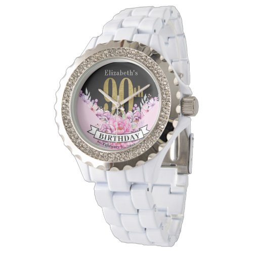 Pretty Pink Floral Gold 90th Birthday  Watch