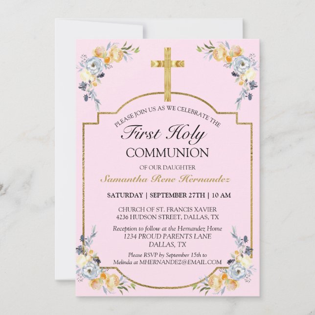  Pretty Pink Floral Gold Cross 1st Holy Communion  Invitation (Front)
