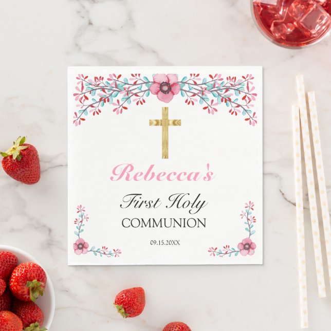 Pretty Pink Floral Gold Cross 1st Holy Communion  Napkins (Insitu)