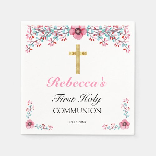 Pretty Pink Floral Gold Cross 1st Holy Communion  Napkins