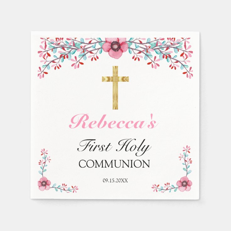 Pretty Pink Floral Gold Cross 1st Holy Communion Napkins | Zazzle