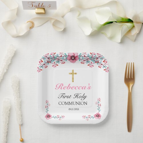 Pretty Pink Floral Gold Cross 1st Holy Communion   Paper Plates