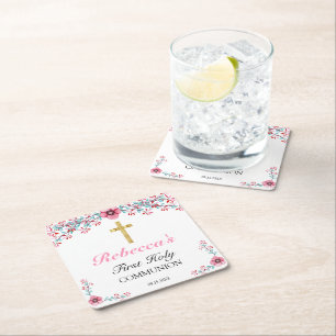 Pretty Pink Floral Gold Cross 1st Holy Communion   Square Paper Coaster