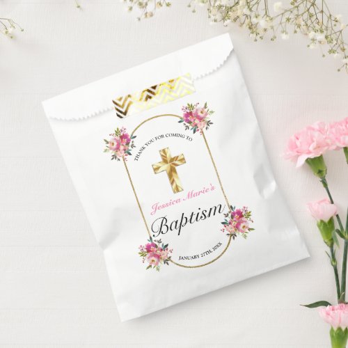 Pretty PInk Floral Gold Cross Baptism Favor Bag