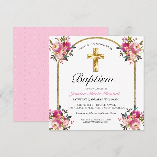 Pretty PInk Floral Gold Cross Baptism Invitation (Front/Back)