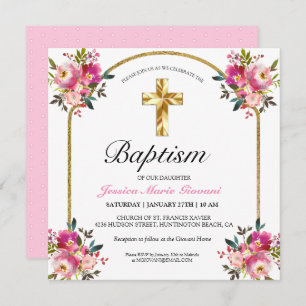 Pretty PInk Floral Gold Cross Baptism Invitation