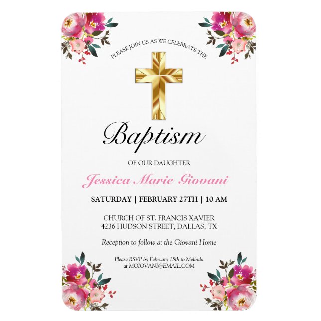Pretty PInk Floral Gold Cross Baptism Invitation Magnet (Vertical)