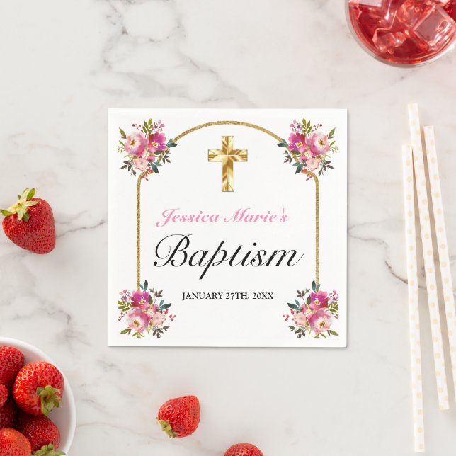 Pretty PInk Floral Gold Cross Baptism Napkins (Insitu)