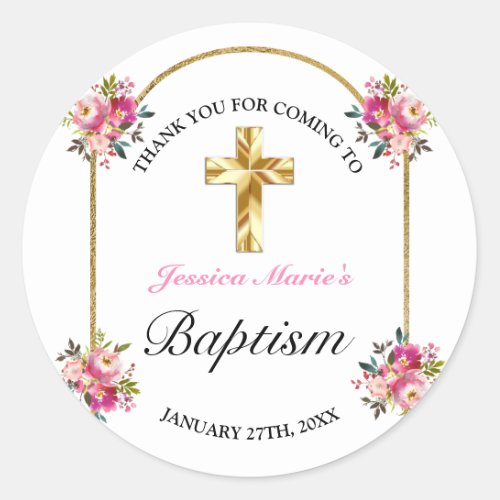 Pretty PInk Floral Gold Cross Baptism Thank You Classic Round Sticker