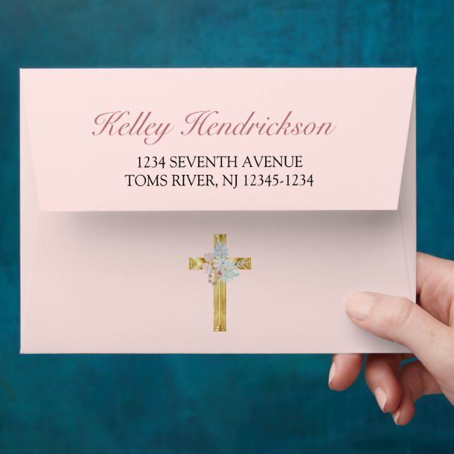 Pretty Pink Floral Gold Cross First Communion Envelope (Hand)