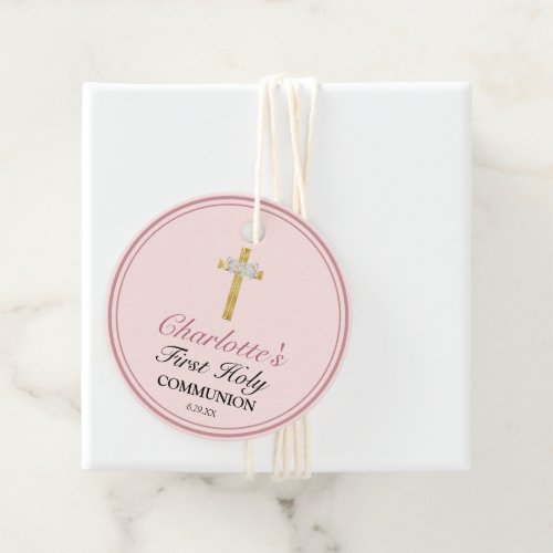 Pretty Pink Floral Gold Cross First Communion Favor Tags