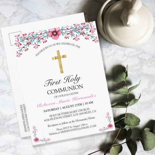 Pretty Pink Floral Gold Cross First Holy Communion Invitation Postcard