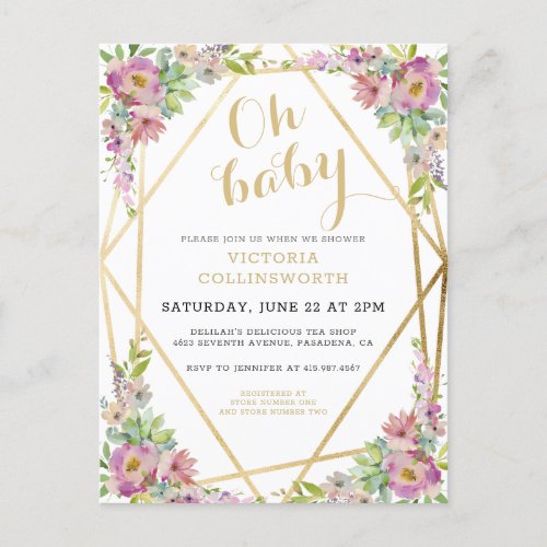  Pretty Pink Floral Gold Geometric Baby Shower  In Invitation Postcard