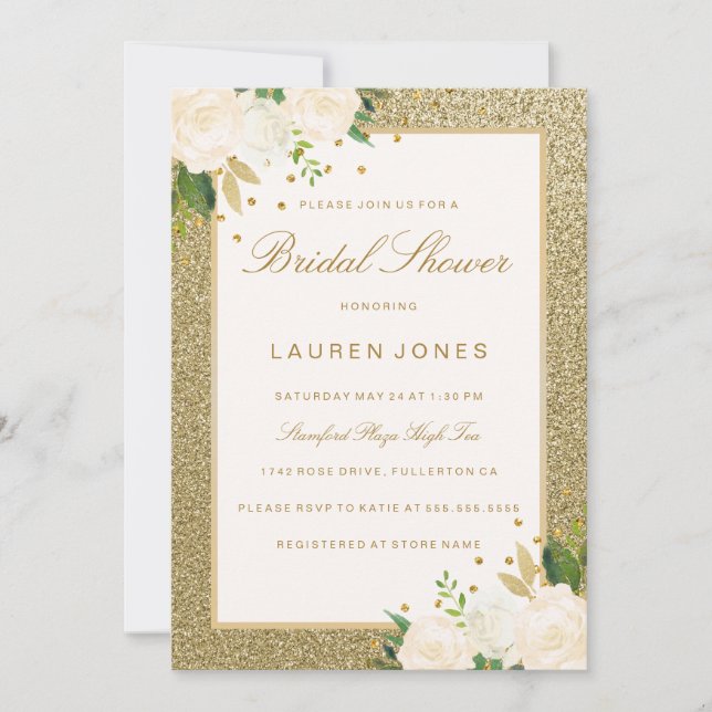 Pretty Pink floral Gold Glitter Bridal Shower Invitation (Front)