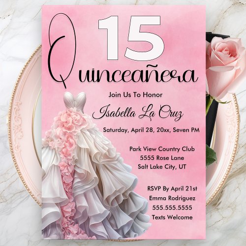 Pretty Pink Floral Gown Quinceanera 15th Birthday Invitation