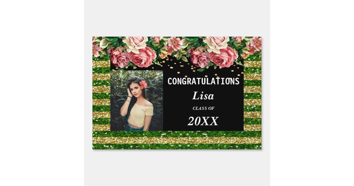 Pretty Pink Floral Green Gold Stripes Graduation Sign | Zazzle