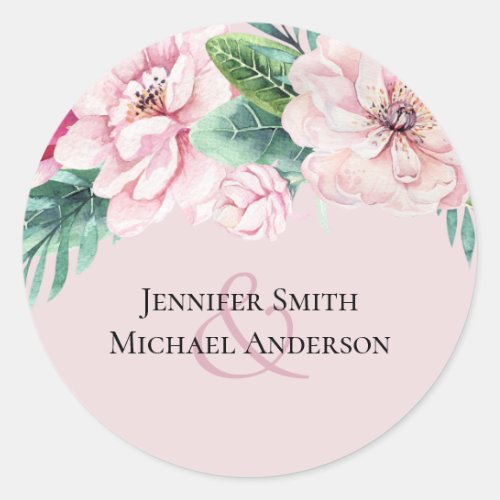 Pretty Pink Floral Green Leaves Wedding Budget Classic Round Sticker