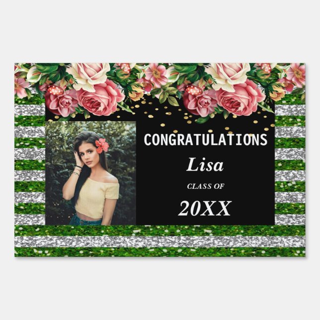 Pretty Pink Floral Green Silver Stripes Graduation Sign (Front)