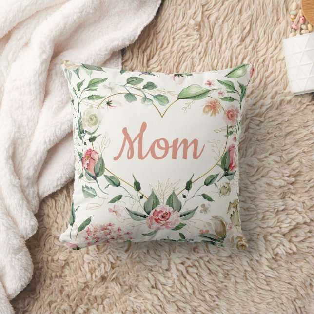 Pretty Pink Floral Heart Mothers Day Throw Pillow (Blanket)