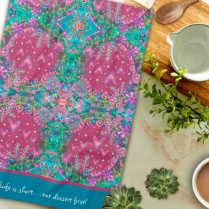 Pretty Pink Floral Heart Pattern Custom Quote  Kitchen Towel