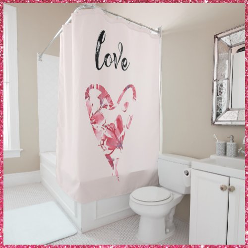 Pretty Pink Floral Heart Shower Curtain