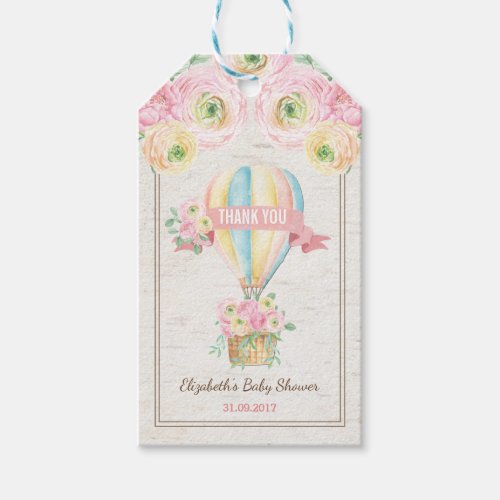 Pretty Pink Floral Hot Air Balloon Baby Shower Gift Tags