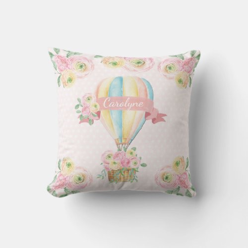 Pretty Pink Floral Hot Air Balloon Girl Nursery Throw Pillow