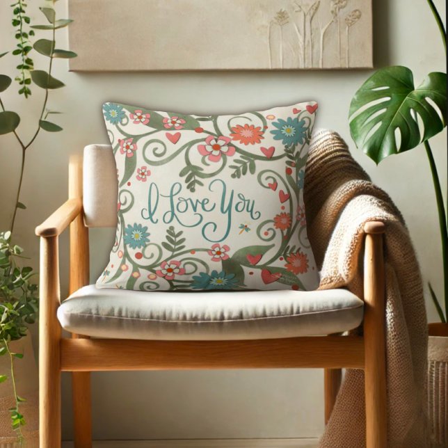Pretty Pink Floral I Love You  Throw Pillow (Creator Uploaded)