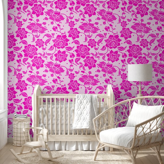 Pretty Pink Floral Lace Wallpaper (Kids)