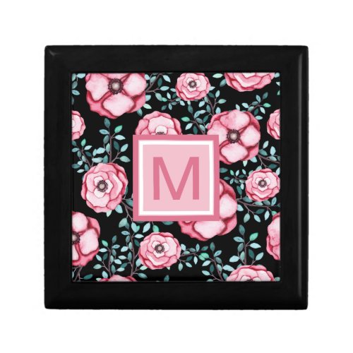 Pretty Pink Floral Monogram Black Gift Box