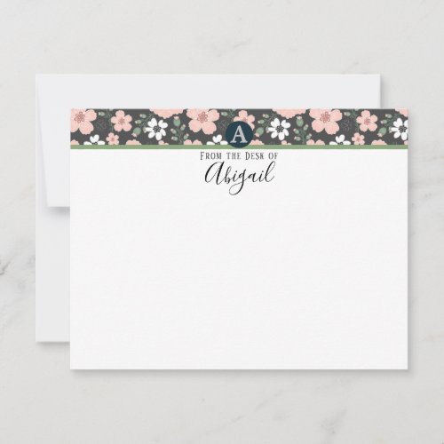 Pretty Pink Floral Monogram Fancy Script  Note Card