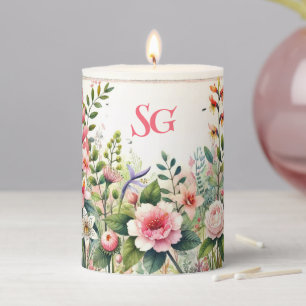 Pretty Pink Floral Monogram Pillar Candle