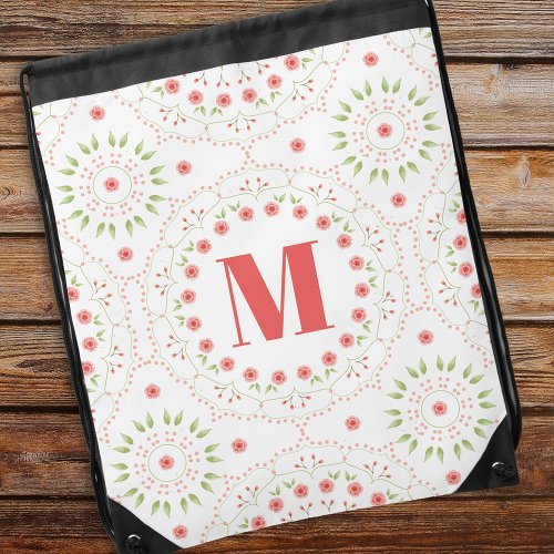 Pretty Pink Floral Monogram Simple Mandala Initial Drawstring Bag