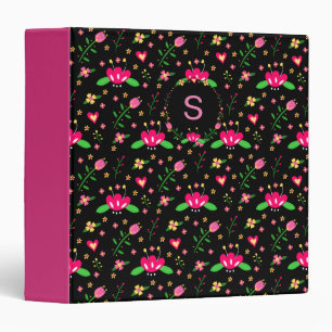 Pretty Pink Floral on Black Monogram 3 Ring Binder