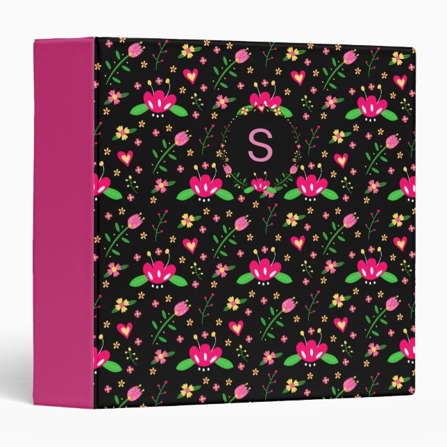 Pretty Pink Floral on Black Monogram 3 Ring Binder (Front/Spine)