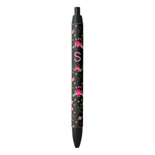 Pretty Pink Floral on Black Monogram Pen