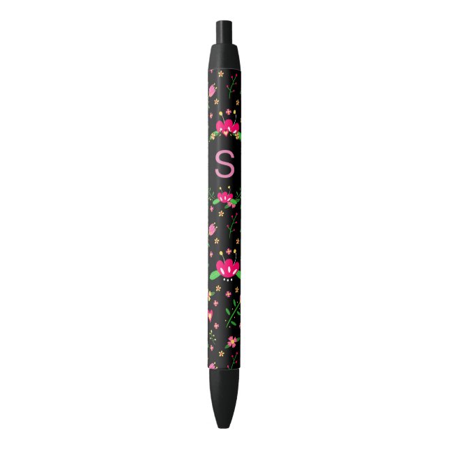Pretty Pink Floral on Black Monogram Pen (Front Vertical)