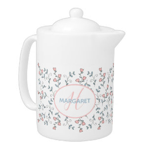 Pretty Pink Floral Pattern Custom Monogram Teapot