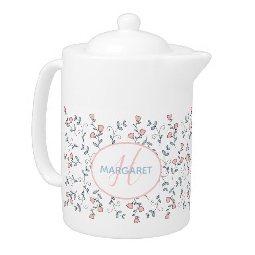 Pretty Pink Floral Pattern Custom Monogram Teapot