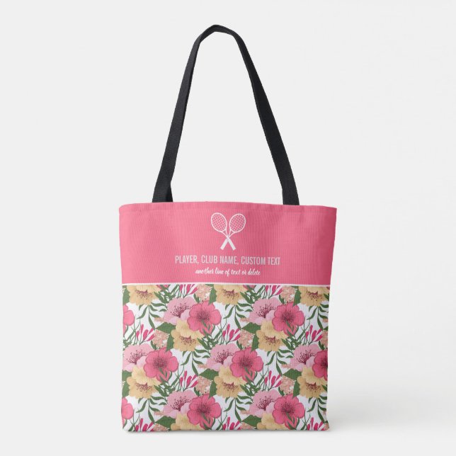 Pretty Pink Floral Pattern Custom Tennis Rackets Tote Bag (Back)