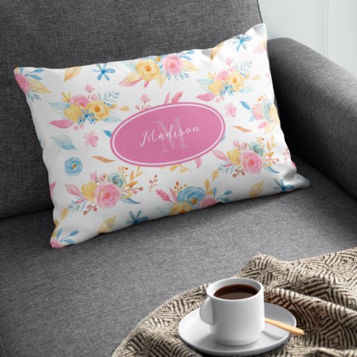 Pretty Pink Floral Pattern Monogrammed Accent Pillow