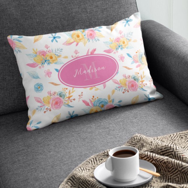 Pretty Pink Floral Pattern Monogrammed Accent Pillow (Creator Uploaded)