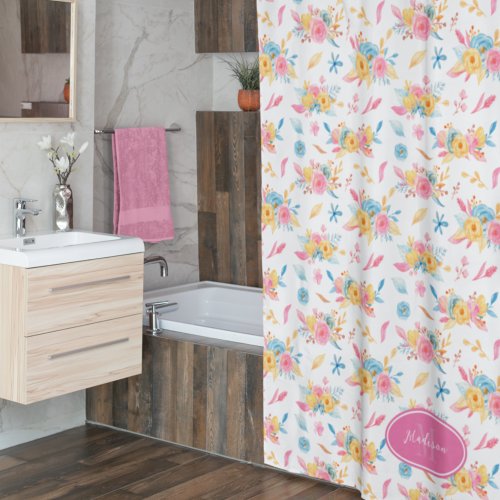 Pretty Pink Floral Pattern Monogrammed Bathroom Shower Curtain
