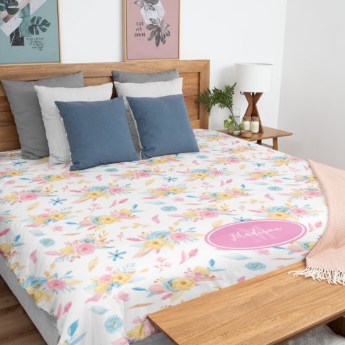 Pretty Pink Floral Pattern Monogrammed Bed Duvet Cover