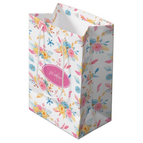 Pretty Pink Floral Pattern Monogrammed Medium Gift Bag