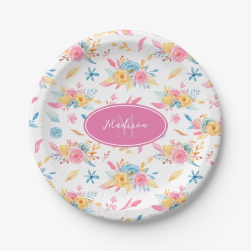 Pretty Pink Floral Pattern Monogrammed Paper Plates